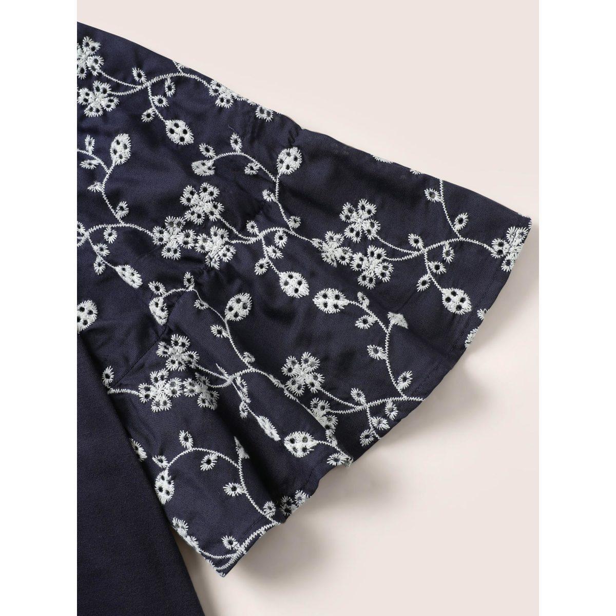 Plus Size Ditsy Floral Patchwork Broderie Anglaise T-shirt Midnight Women Elegant Patchwork Ditsy Floral Round Neck Everyday T-shirts BloomChic 28/5X Product Image