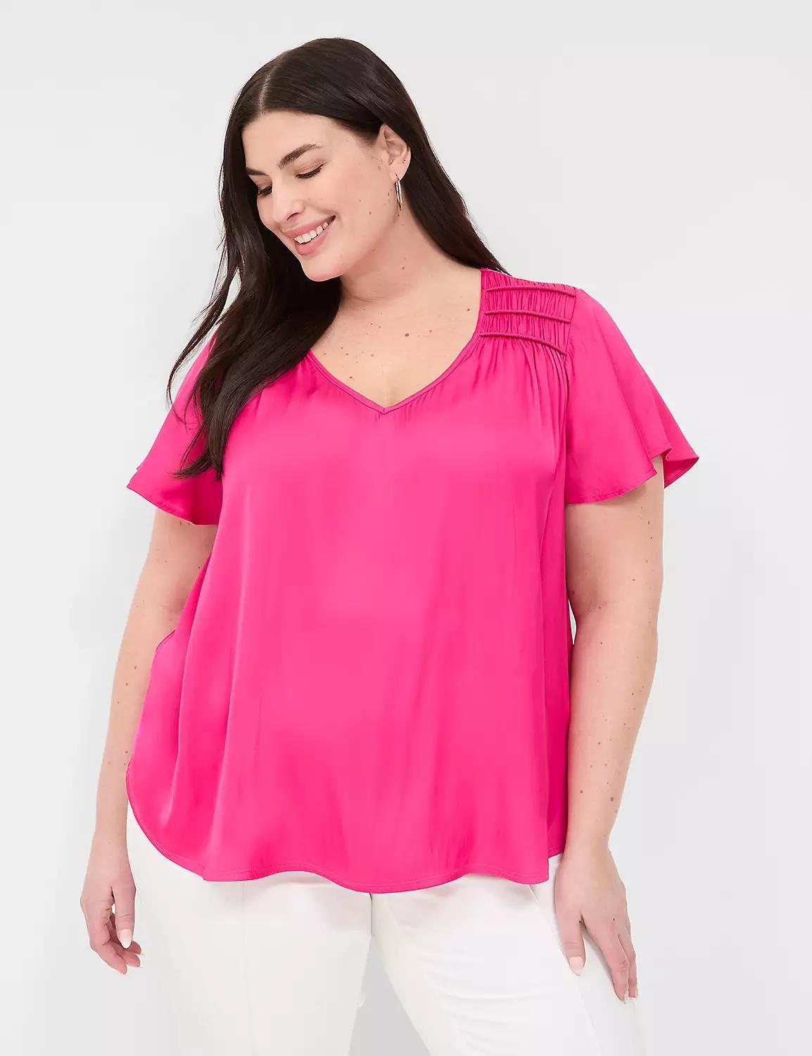 Satin Smocked-Shoulder Blouse Product Image