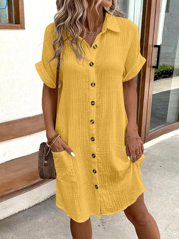 Loose Short Sleeves Buttoned Pockets Lapel Mini Dresses Product Image