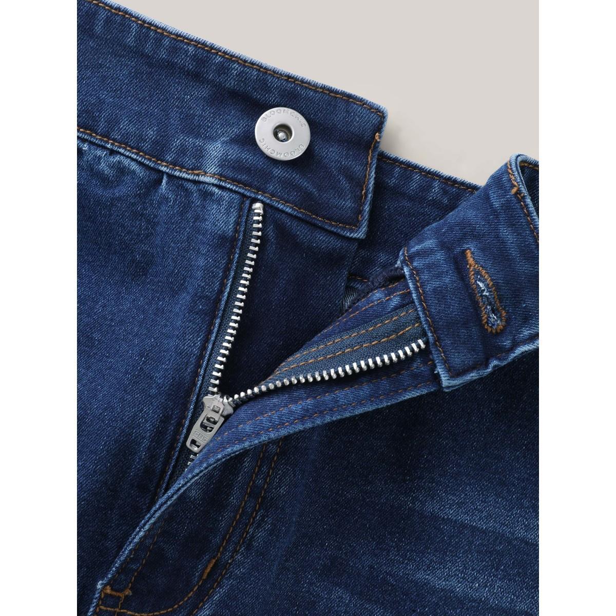 Plus Size Whiskered Classic Cut Fitted Denim Skirt Women Midblue Everyday-Casual Medium stretch Medium Wash 28/5X Slanted pocket Denim Skirts BloomChic Product Image