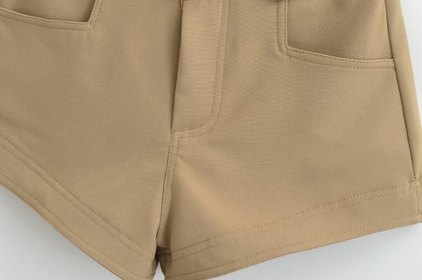 Set: High Waist Plain Shorts + Faux Leather Belt Product Image