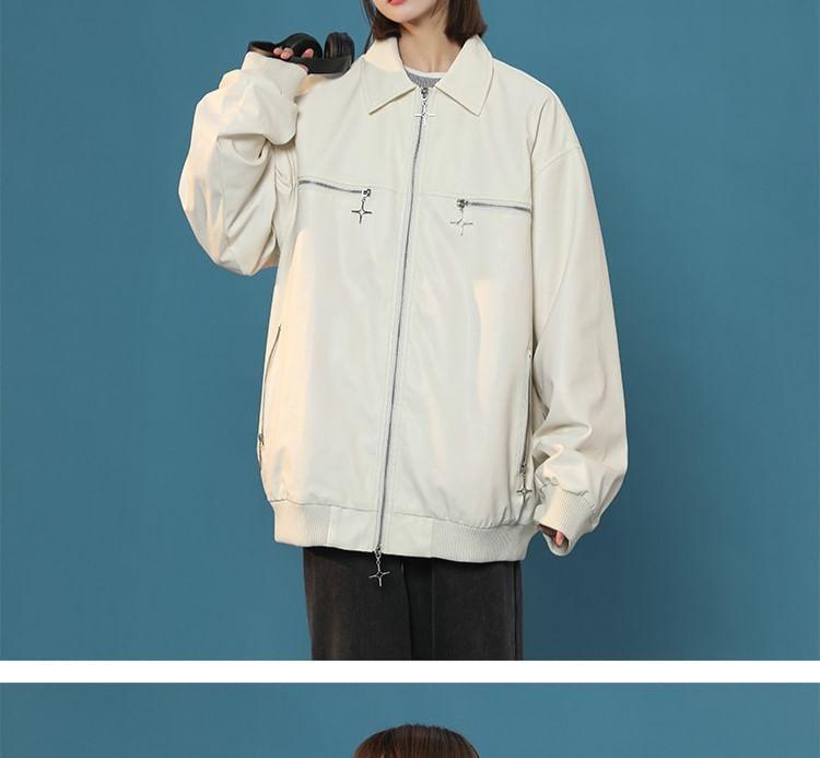 Collared Faux Leather Zip-Up Jacket Product Image