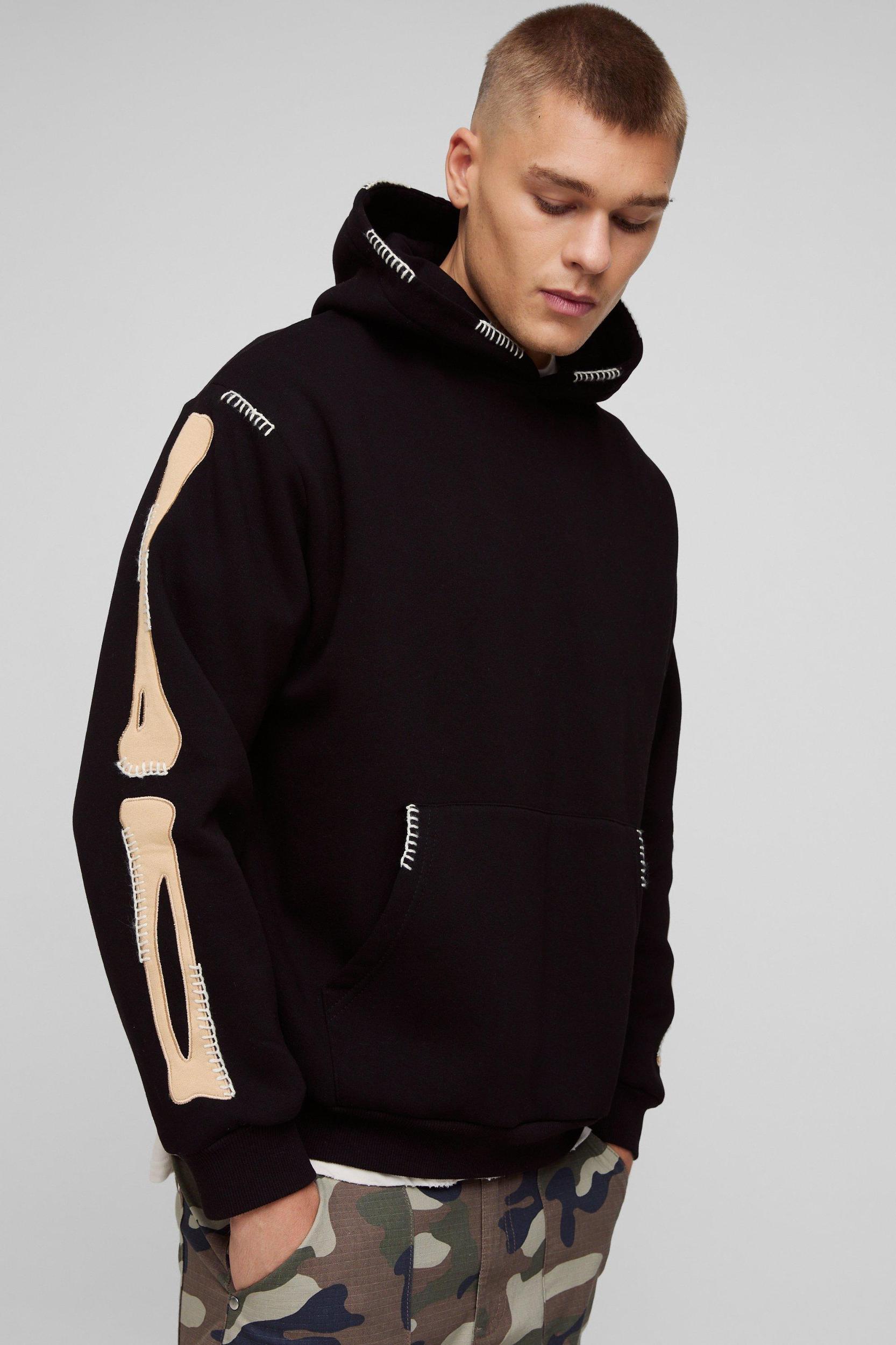 Oversized Homme Skeleton Applique Blanket Stitch Hoodie | boohooMAN USA Product Image