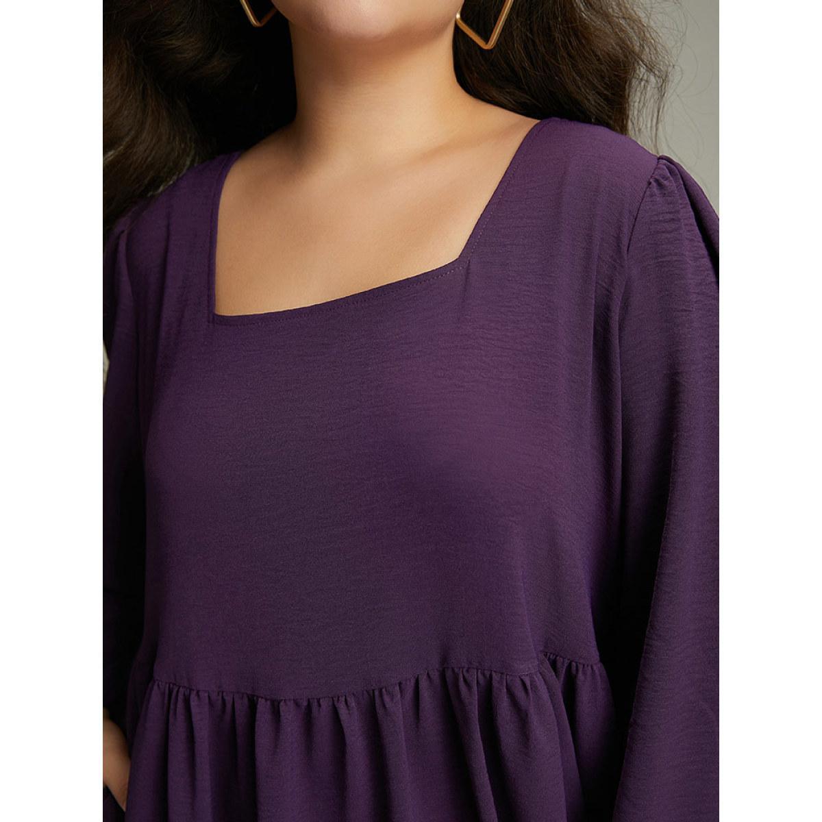 Plus Size Colorblock Contrast Square Neck Ruffle Layered Hem Dress Eggplant Women Casual Elastic cuffs Square Neck Long Sleeve Curvy Long Dress BloomChic 30/6X Product Image