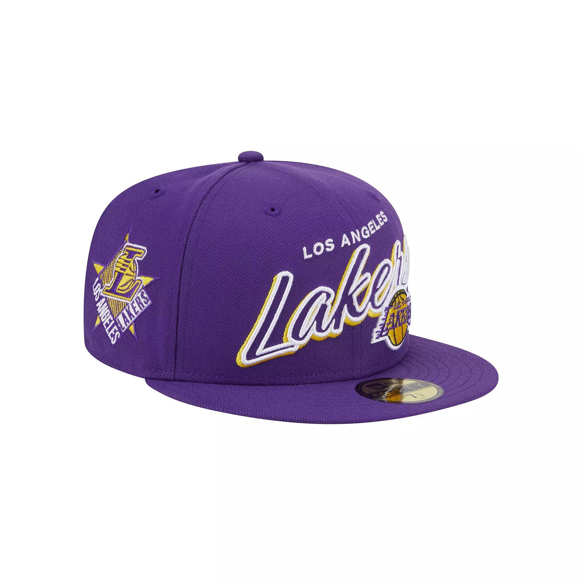 Men's New Era Purple Los Angeles Lakers Sport Night Script Sided 59FIFTY Fitted Hat, Size: 7 7/8 Product Image