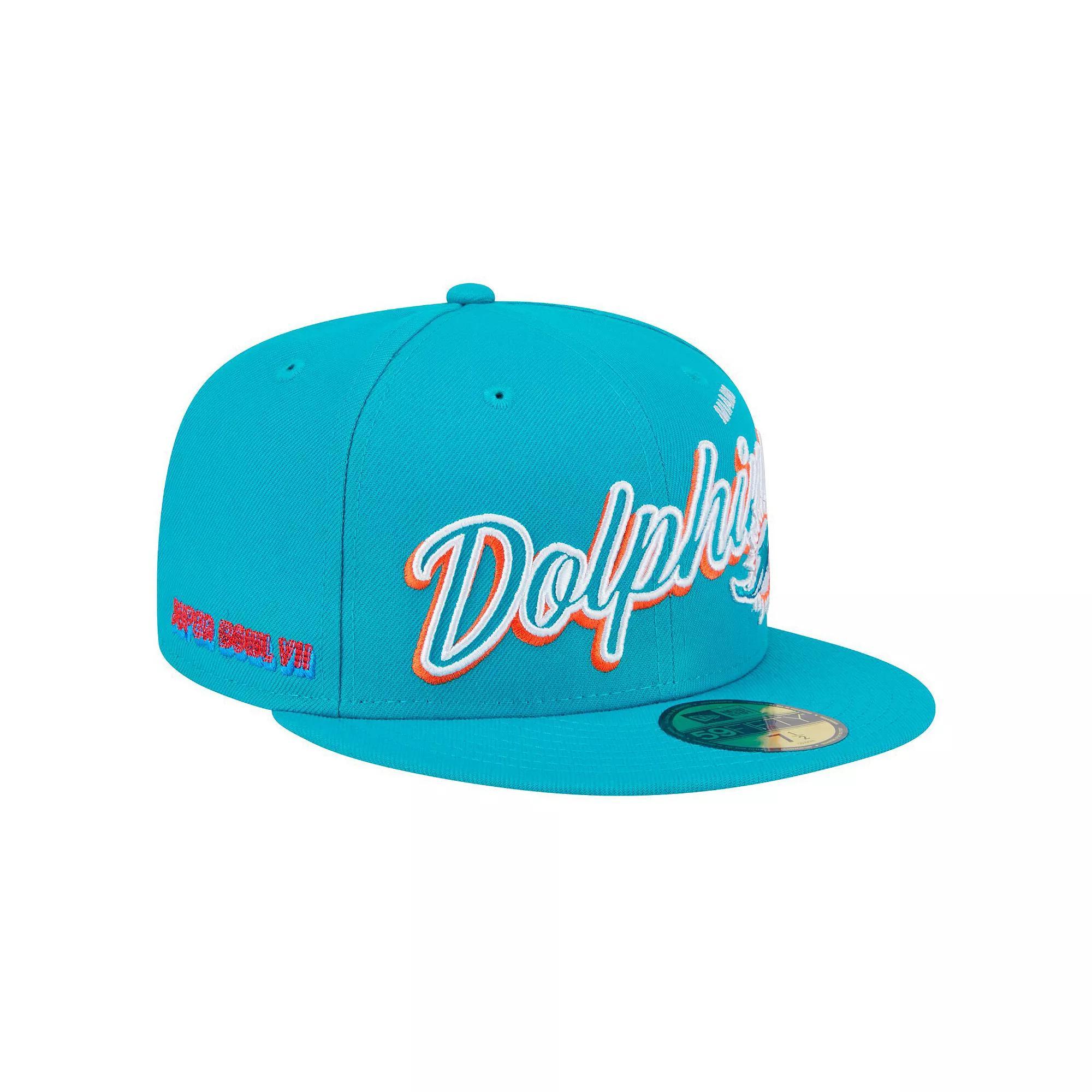 Men's New Era Aqua Miami Dolphins  Script Sided 59FIFTY Fitted Hat, Size: 7, Turquoise A Product Image
