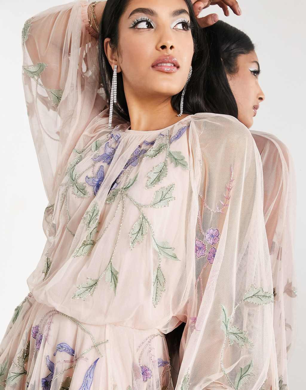 ASOS EDITION floral embroidered mesh mini dress with blouson sleeve Product Image