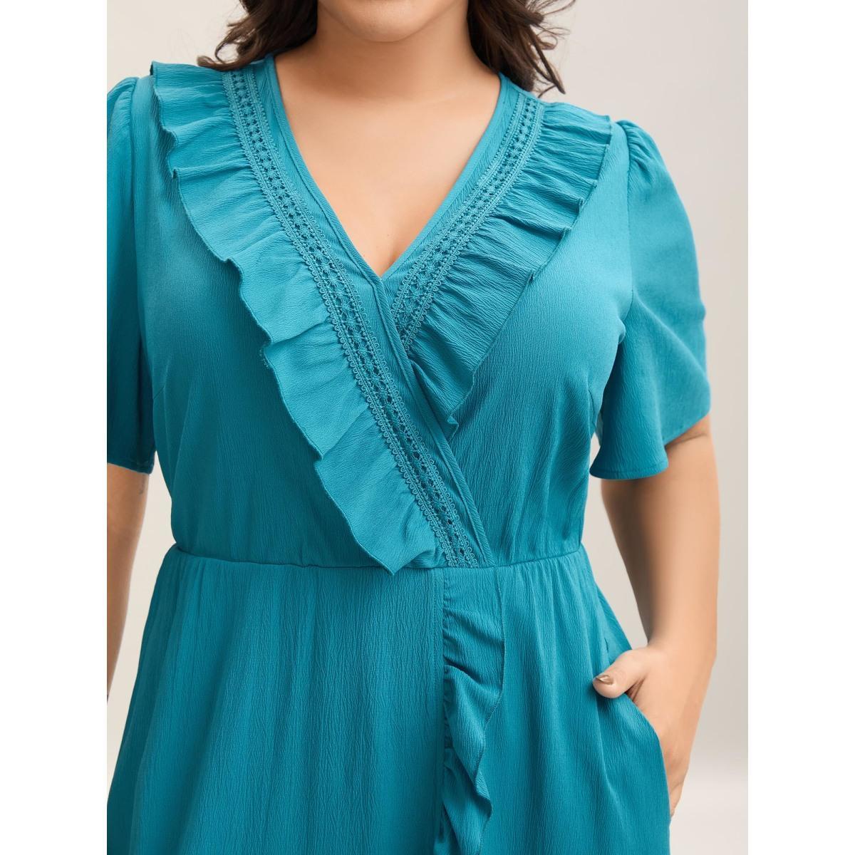 Plus Size Ruffled Lace Trim Pockets Plain Midi Dress Cerulean Women Overlap Collar Short sleeve Curvy BloomChic 18-20/2X Product Image