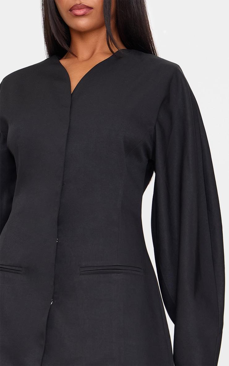 Black Woven Balloon Sleeve Collarless Blazer Dress Product Image