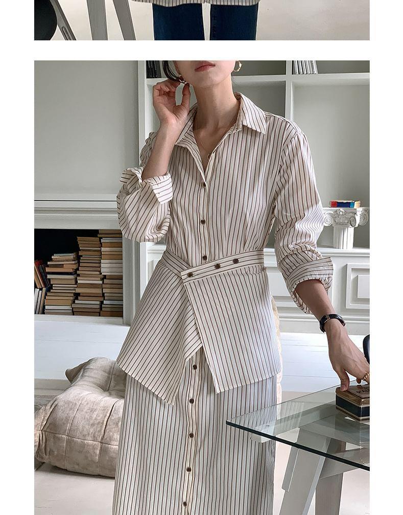Set: Long-Sleeve Striped Midi Shirt Dress + Decorative Hem Product Image