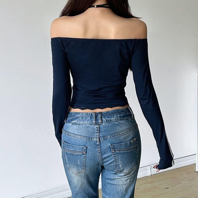 Long-Sleeve Off-Shoulder Number Embroidered Striped Lace Trim Cropped T-Shirt Product Image