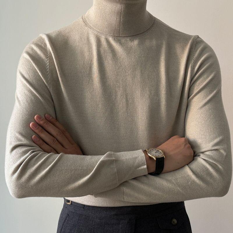 Long-Sleeve Turtleneck Plain Knit Top Product Image