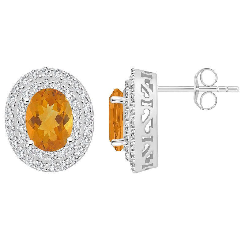 Celebration Gems Sterling Silver Oval-Cut Citrine & White Topaz Double Halo Stud Earrings, Women's Product Image