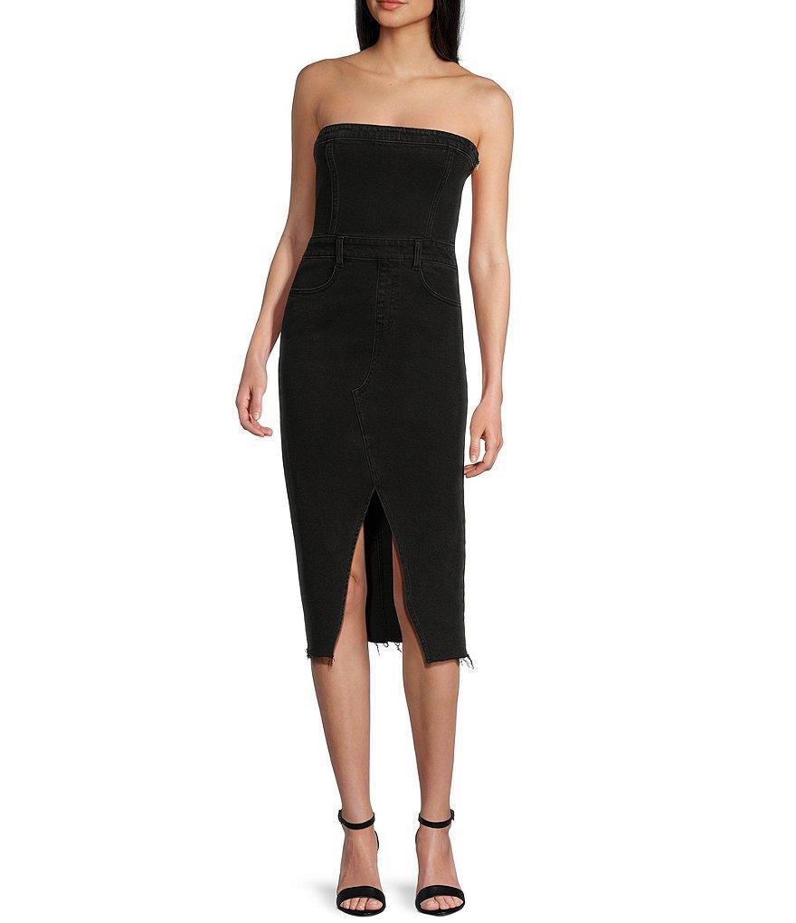 GB Strapless Denim Frayed Hem Midi Dress Product Image