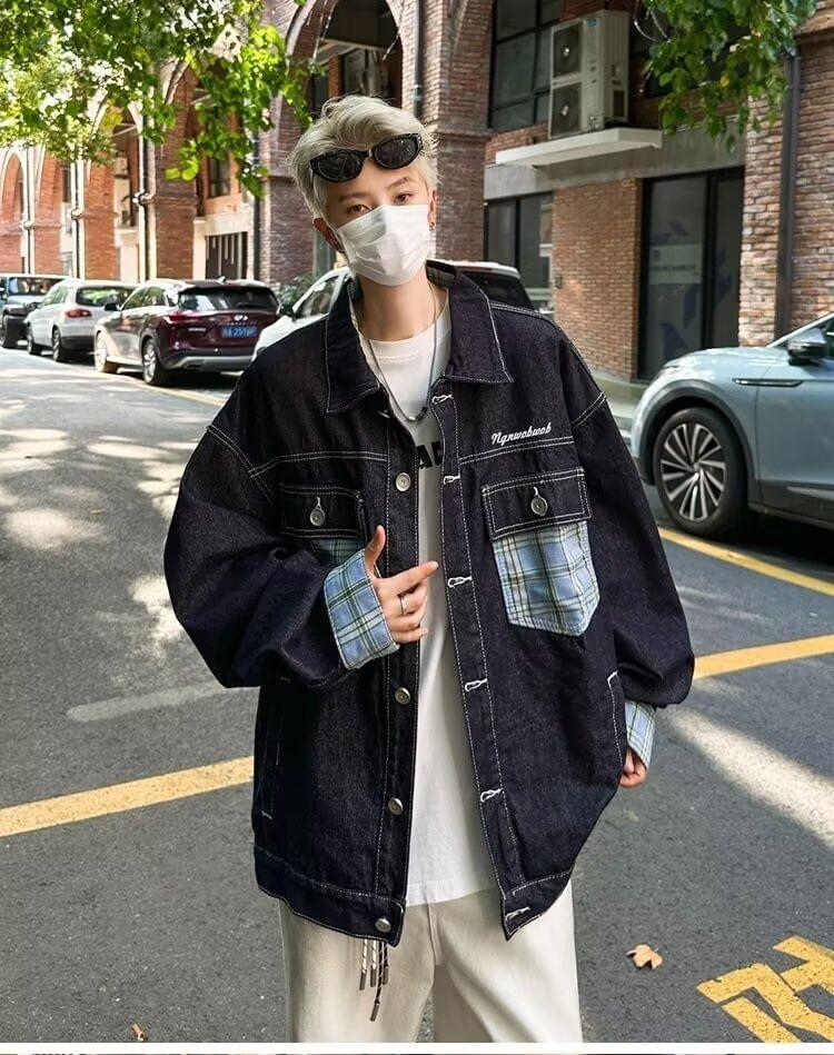 Plaid Panel Lapel Button Down Denim Jacket Product Image