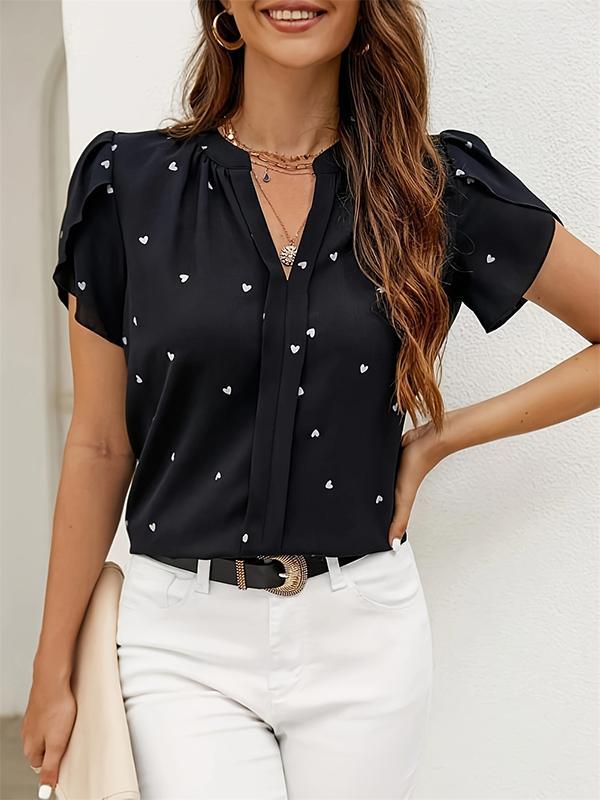 Loose Short Sleeves Pleated Polka-Dot V-Neck Blouses&Shirts Tops Product Image