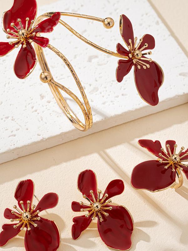 Flower Shape Bracelet + Earrings + Rings Accessories Three Pieces Product Image