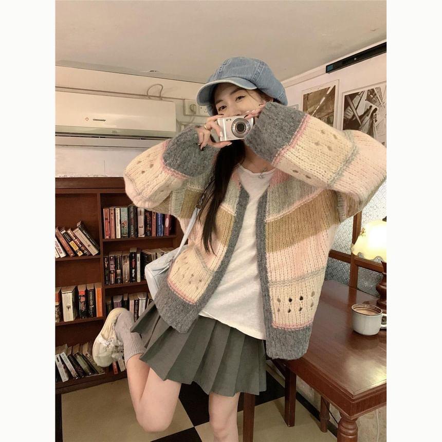 V-Neck Color Block Perforated Open Front Cardigan / High Waist Plain Pleated Mini A-Line Skirt / Set Product Image