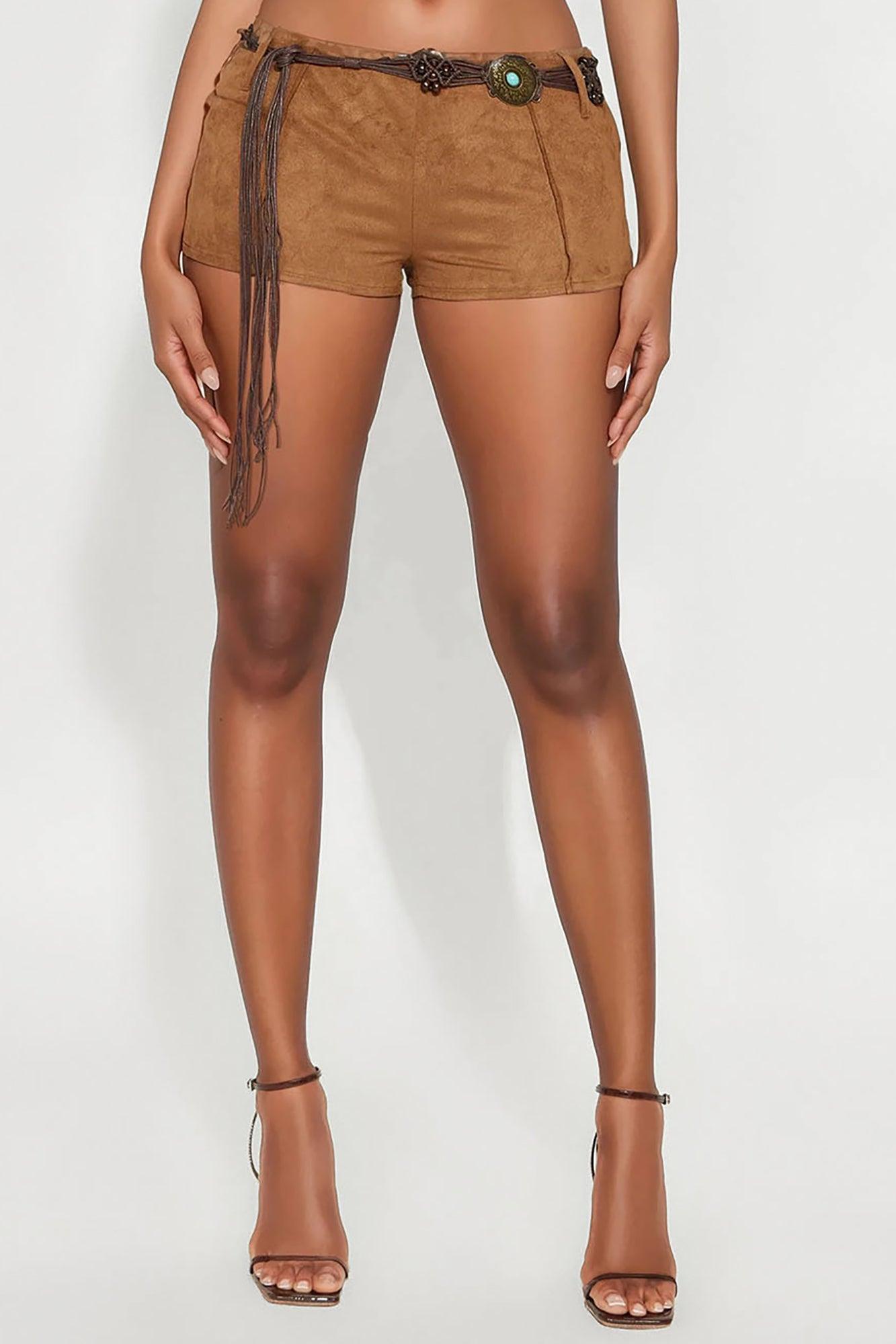 Western Beaded Boho Belt Suede Micro Short - Brown Product Image