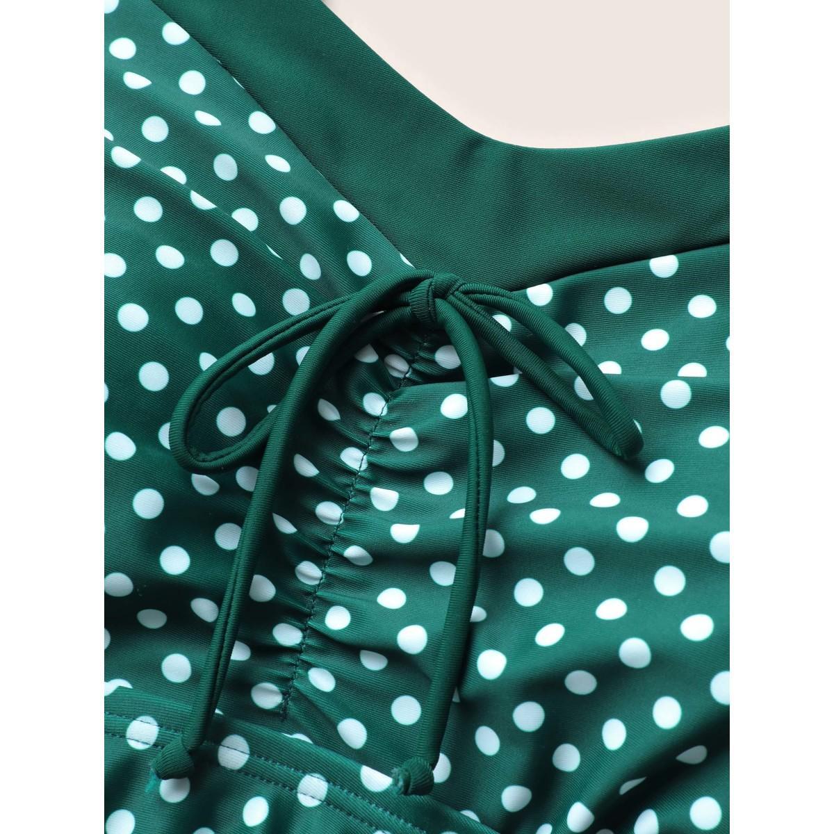 Plus Size Polka Dot Bowknot Detail Ruched Swim Dress Women's Swimwear DarkGreen Beach Bodycon Heart neckline High stretch Curve Swim Dresses BloomChic 14-16/1X Product Image