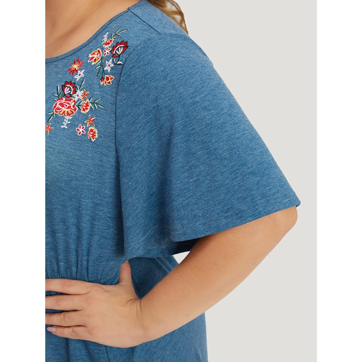Plus Size Supersoft Essentials Floral Embroidered Pocket Elastic Waist Dress Cerulean Women Casual Gathered Round Neck Short sleeve Curvy Midi Dress BloomChic 18-20/2X Product Image