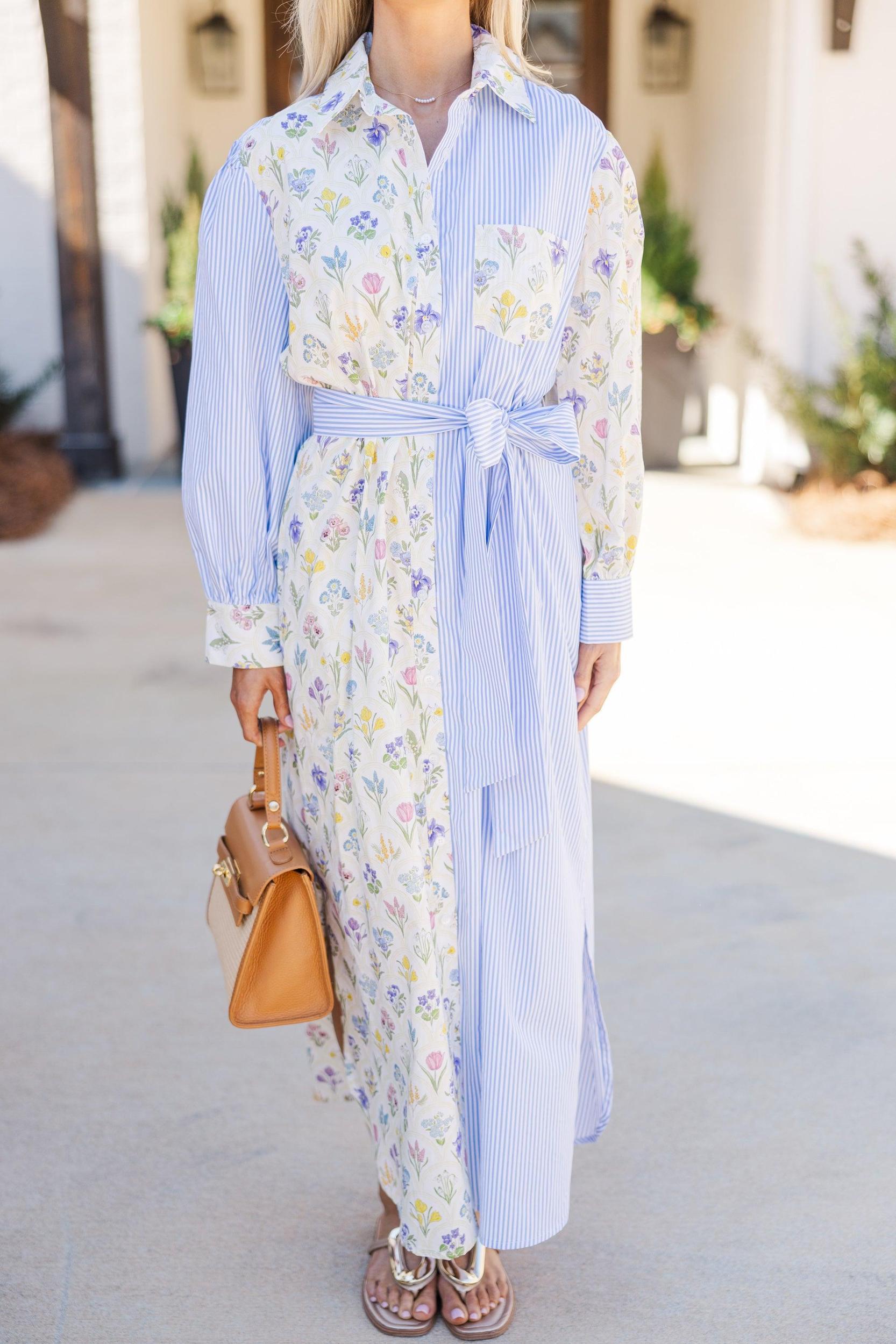 Just A Reminder Blue Mixed Print Midi Dress Female Product Image