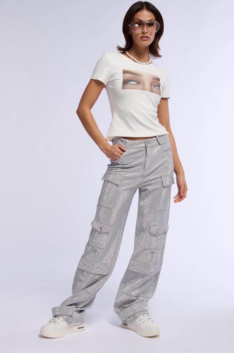 AMMO BONNE SOIREE RHINESTONE CARGO PANTS IN GREY Product Image
