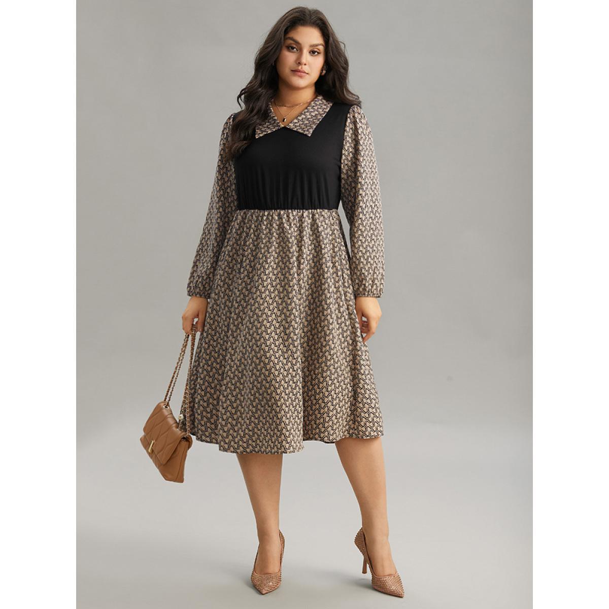Plus Size Geometric Patchwork Lapel Collar Lantern Sleeve Dress Tan Women Office Elastic cuffs Lapel Collar Long Sleeve Curvy Midi Dress BloomChic 26/4X Product Image