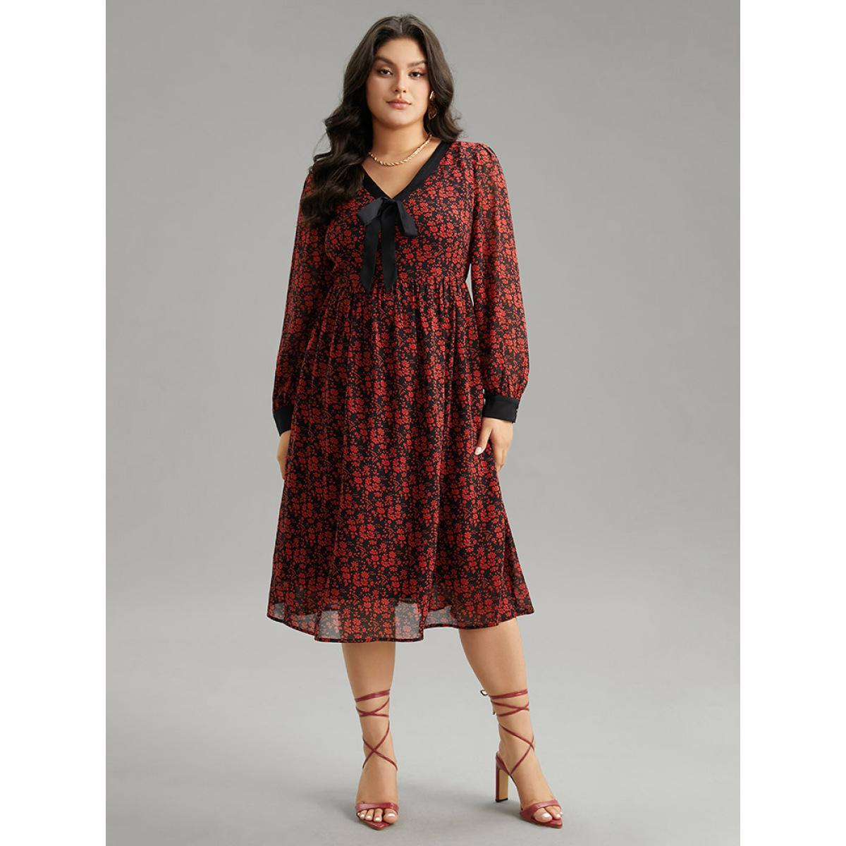 Plus Size Ditsy Floral Patchwork Elastic Waist Ties Dress Black Women Vacation Cross straps Tie Neck Long Sleeve Curvy Midi Dress BloomChic 26/4X Product Image