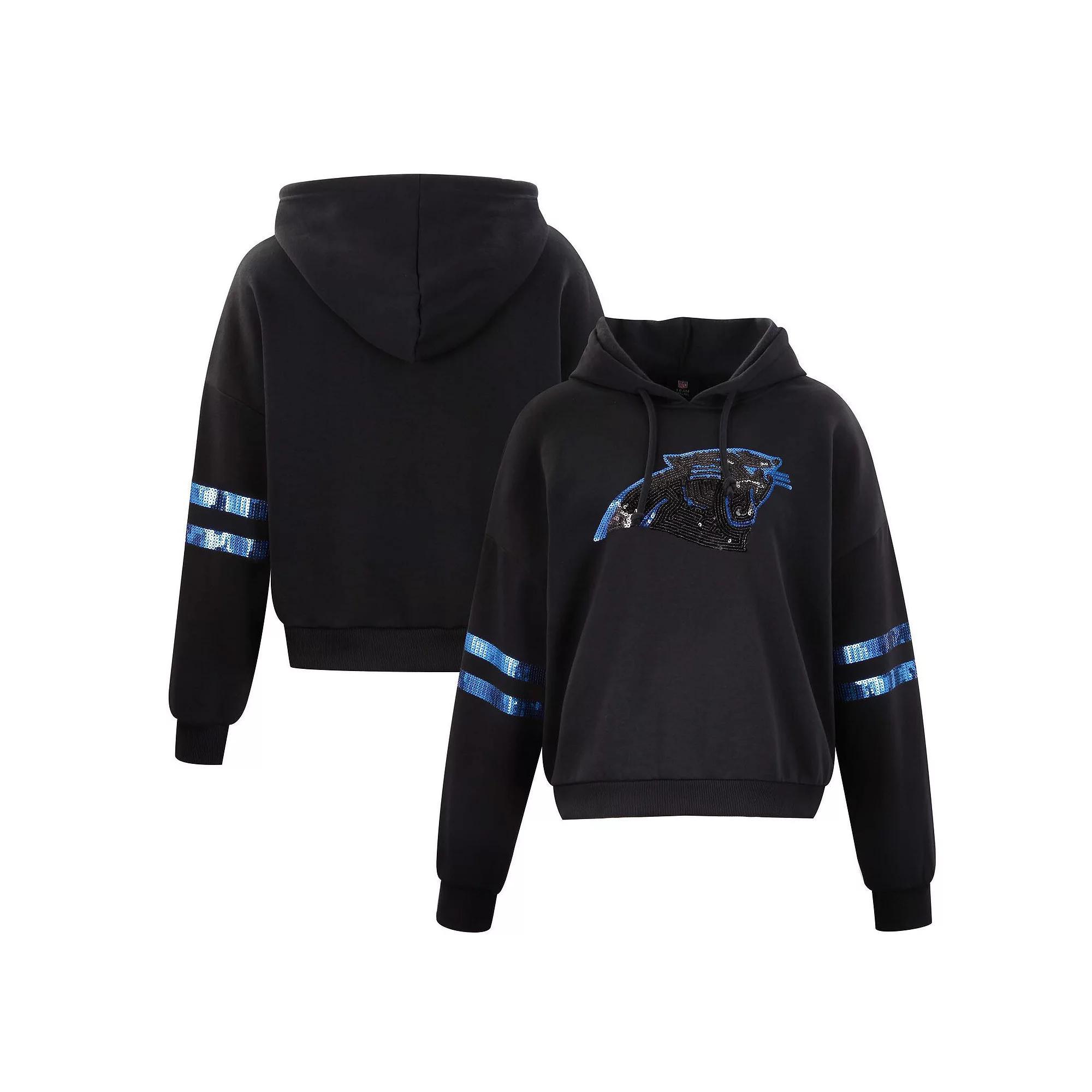 Women's Cuce Black Carolina Panthers Cropped Sequins Pullover Hoodie, Size: Large Product Image