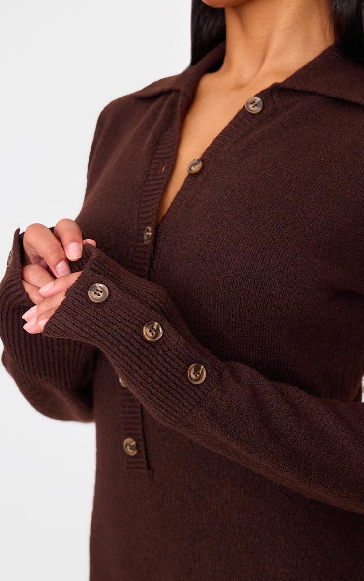 Chocolate Soft Bobble Knit Button Up Collar Detail Maxi Dress Product Image