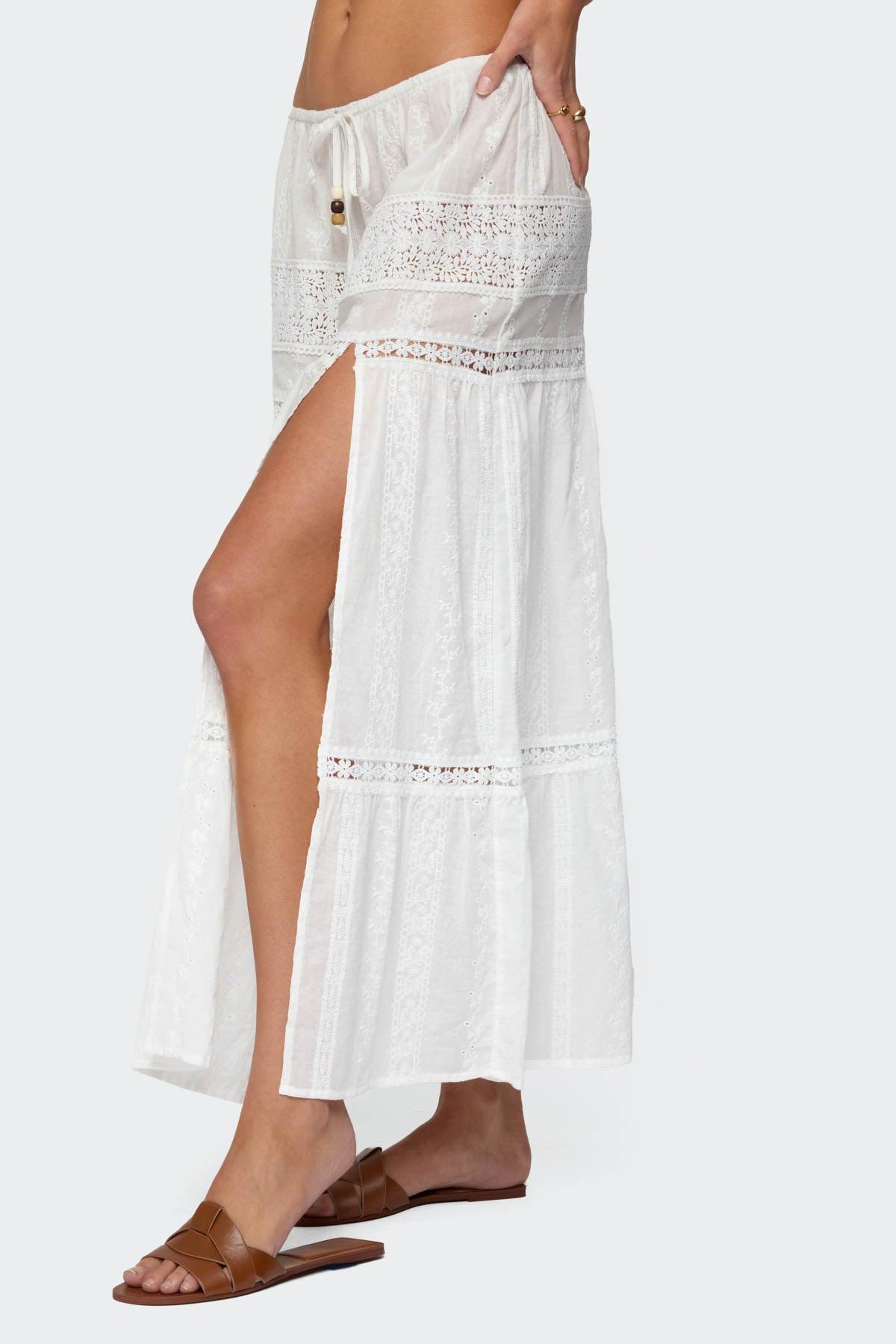Embroidered Cotton Lace Slitted Maxi Skirt Product Image