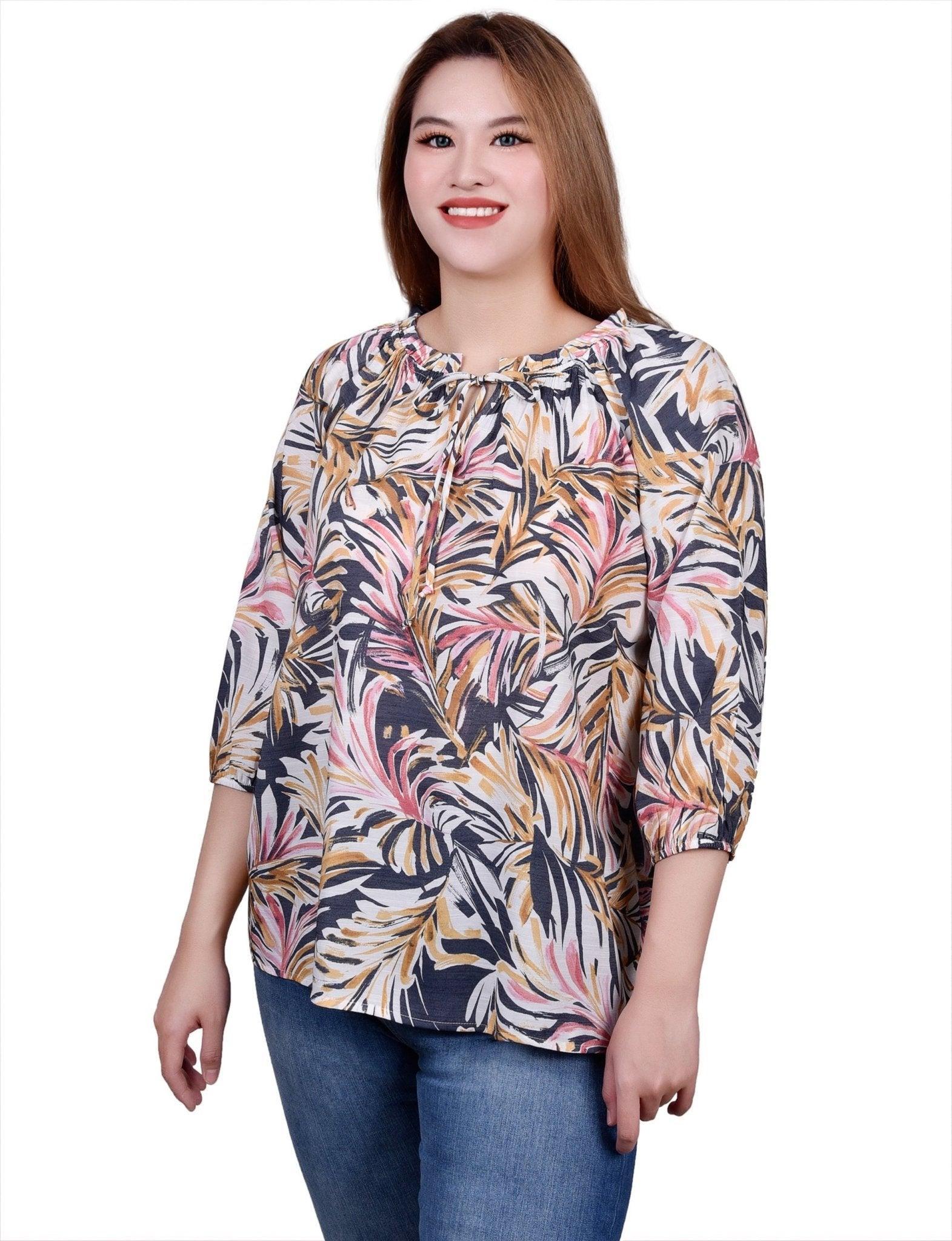 3/4 Length Sleeve Drawstring Neck Blouse - Petite Product Image