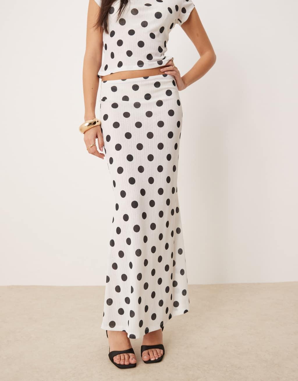 ASOS DESIGN polka dot printed dry handle rib maxi low rise skirt in ecru Product Image