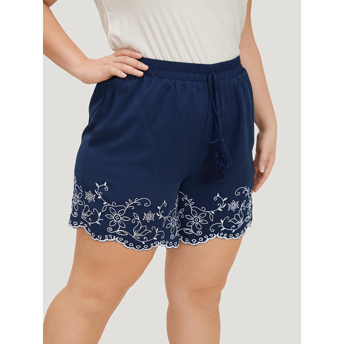 Plus Size Floral Embroidered Pocket Knotted Lettuce Trim Shorts Women Indigo Vacation Knotted Dailywear Shorts BloomChic 12/L Product Image