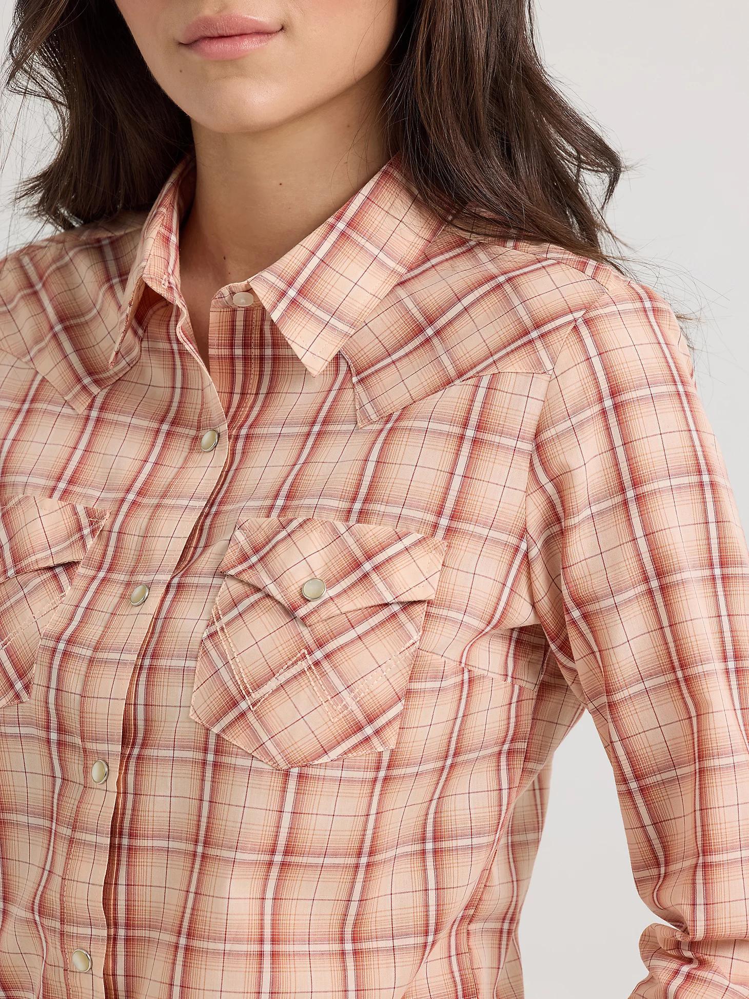 Women's Essential Long Sleeve Plaid Western Snap Top in Peachy Product Image