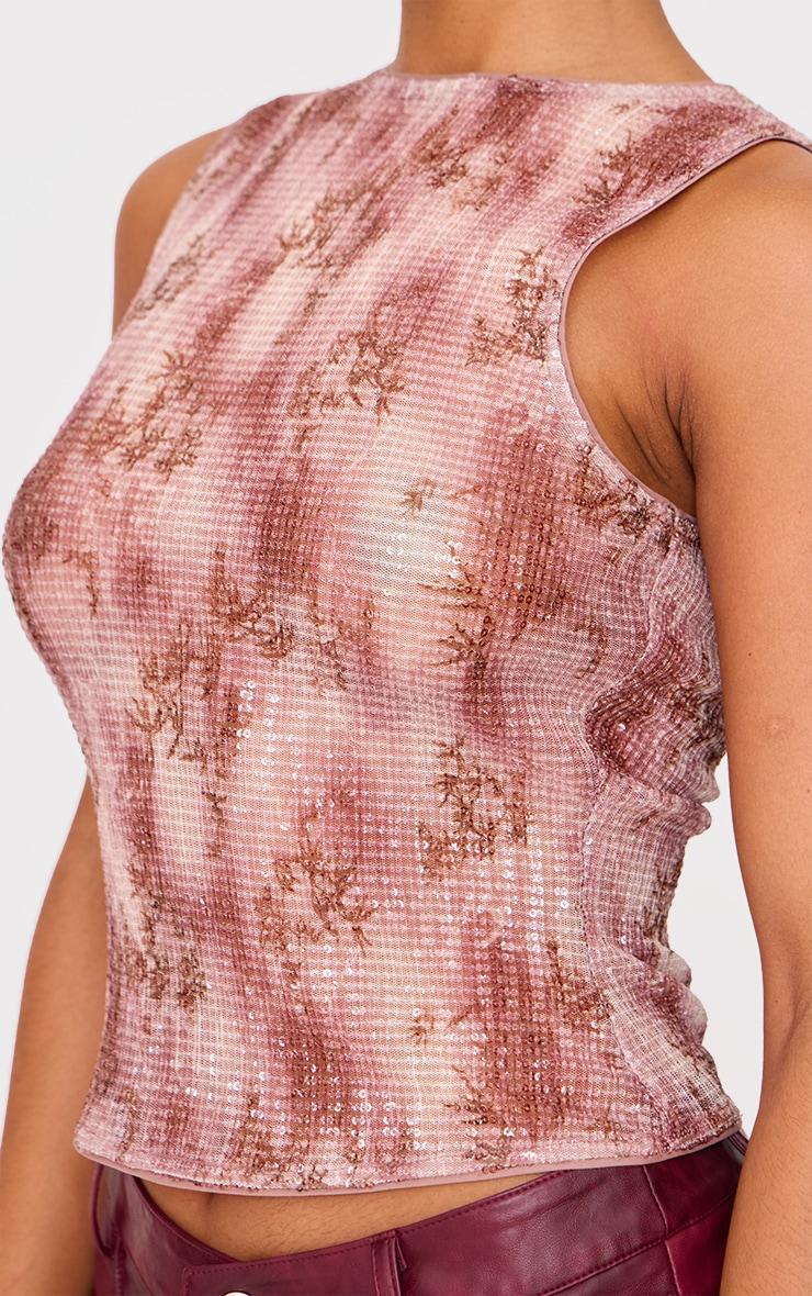 Brown Textured Sequin Boat Neck Printed Long Top Product Image