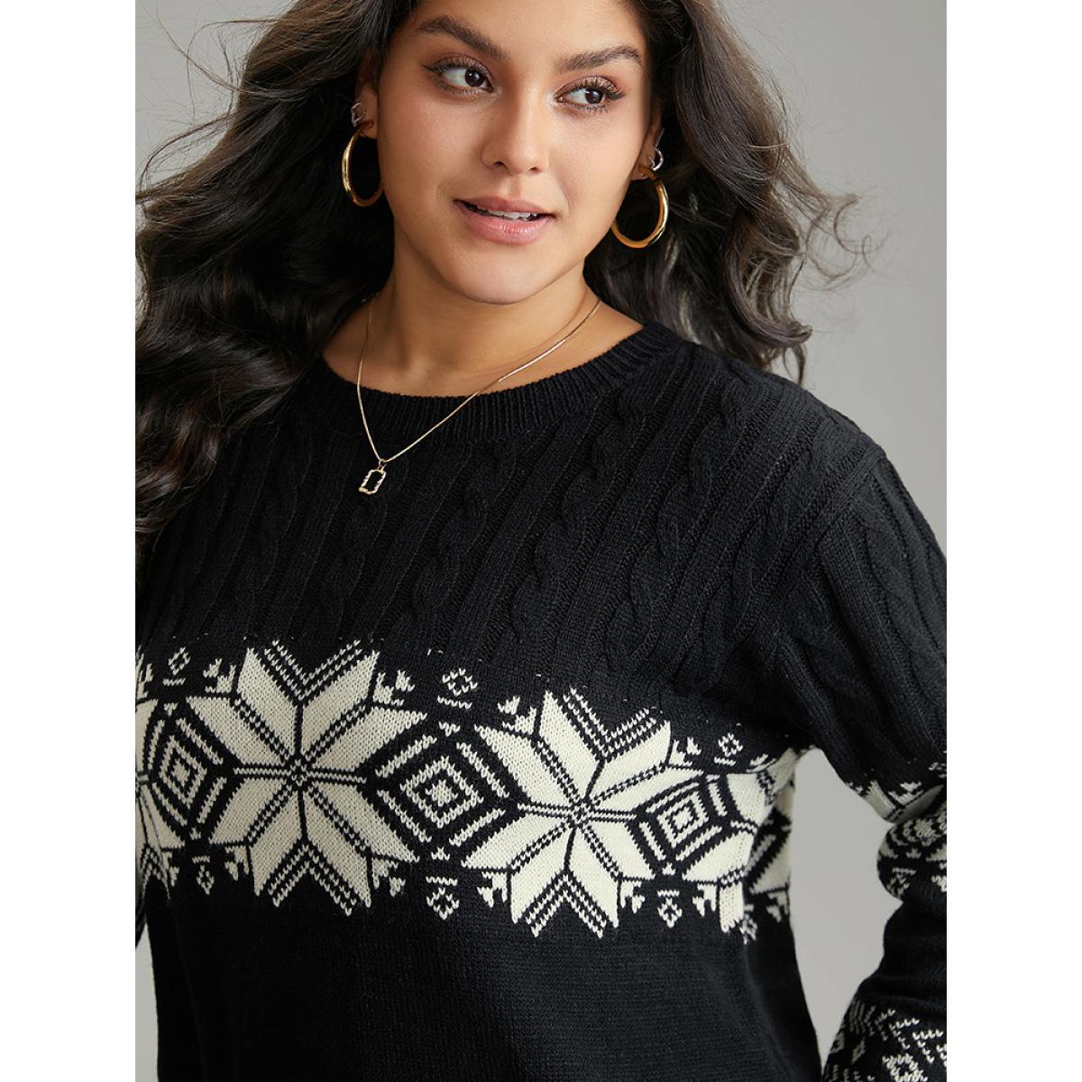 Plus Size Geometric Jacquard Cable Knit Pullover Black Women Casual Loose Long Sleeve Round Neck Dailywear Pullovers BloomChic 22-24/3X Product Image