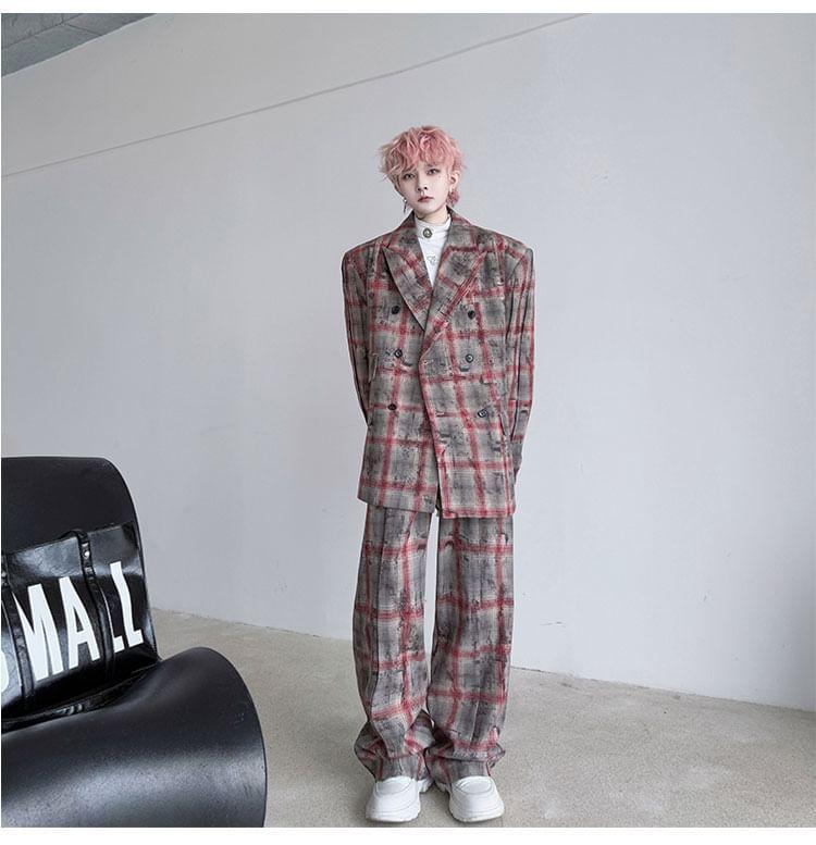 Set: Lapel Collar Plaid Double Breasted Blazer + Mid Rise Wide Leg Pants Product Image