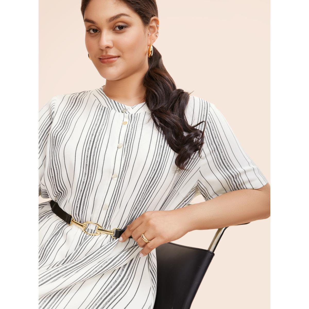 Plus Size Round Neck Striped Button Up Midi Dress WhiteSmoke Women At the Office Button Round Neck Short sleeve Curvy BloomChic 18-20/2X Product Image