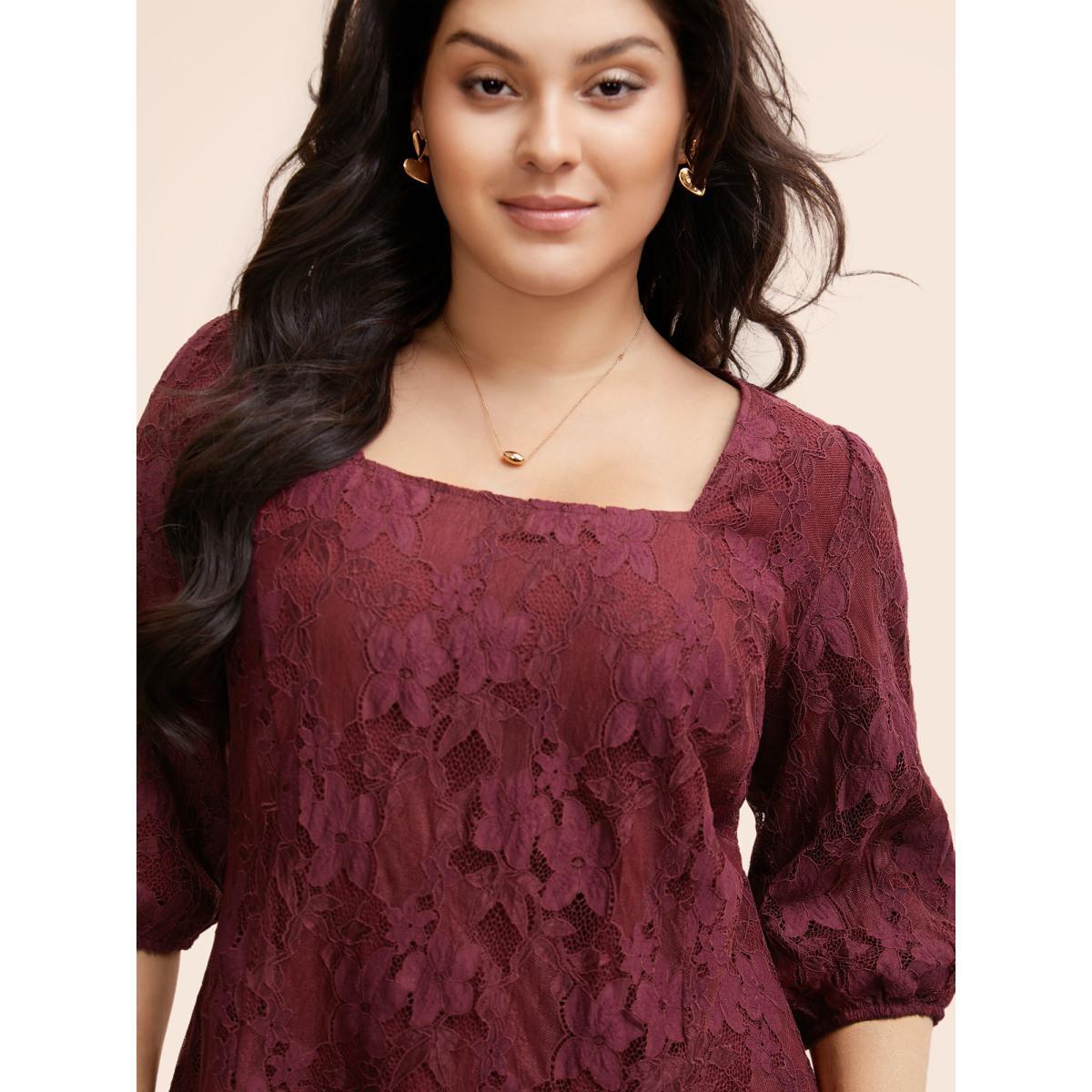 Plus Size Burgundy Square Neck Lace Panel Lantern Sleeve Blouse Women Elegant Elbow-length sleeve Square Neck Everyday Blouses BloomChic 10/M Product Image