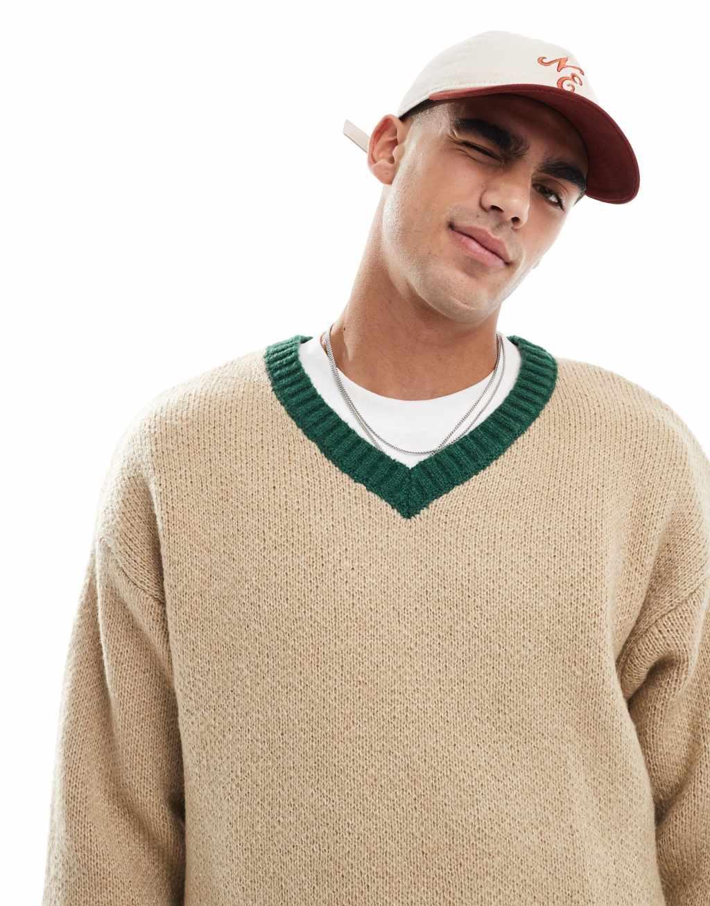 Cotton On v neck knit jumper in green and cream Product Image