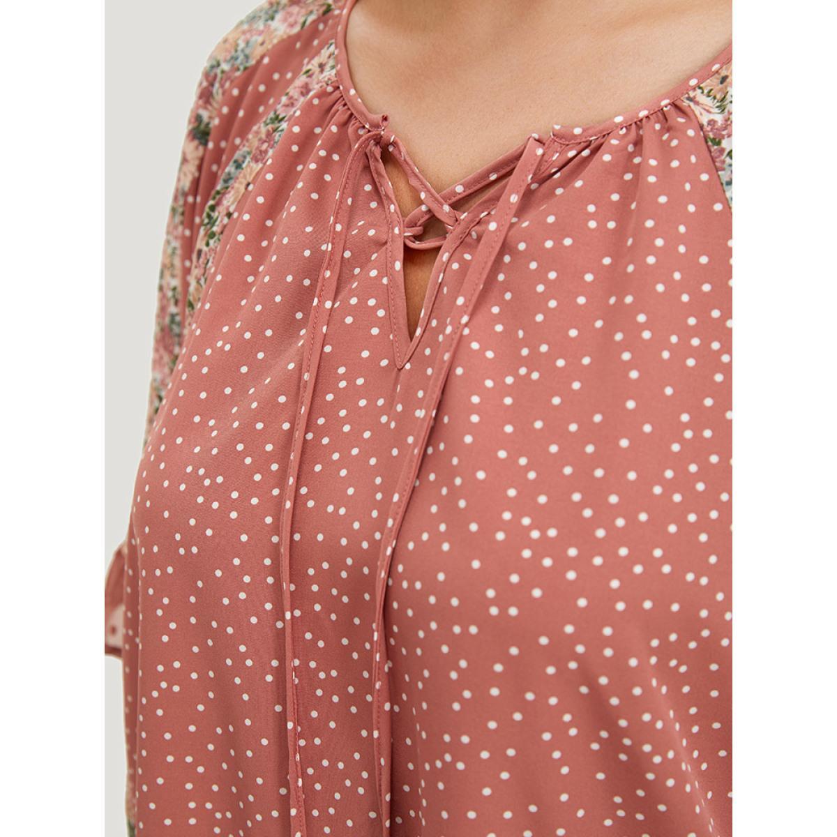 Plus Size Rouge Polka Dot & Ditsy Floral Flounce Sleeve Lace Up Blouse Women Elegant Half Sleeve Tie Neck Dailywear Blouses BloomChic 14-16/1X Product Image