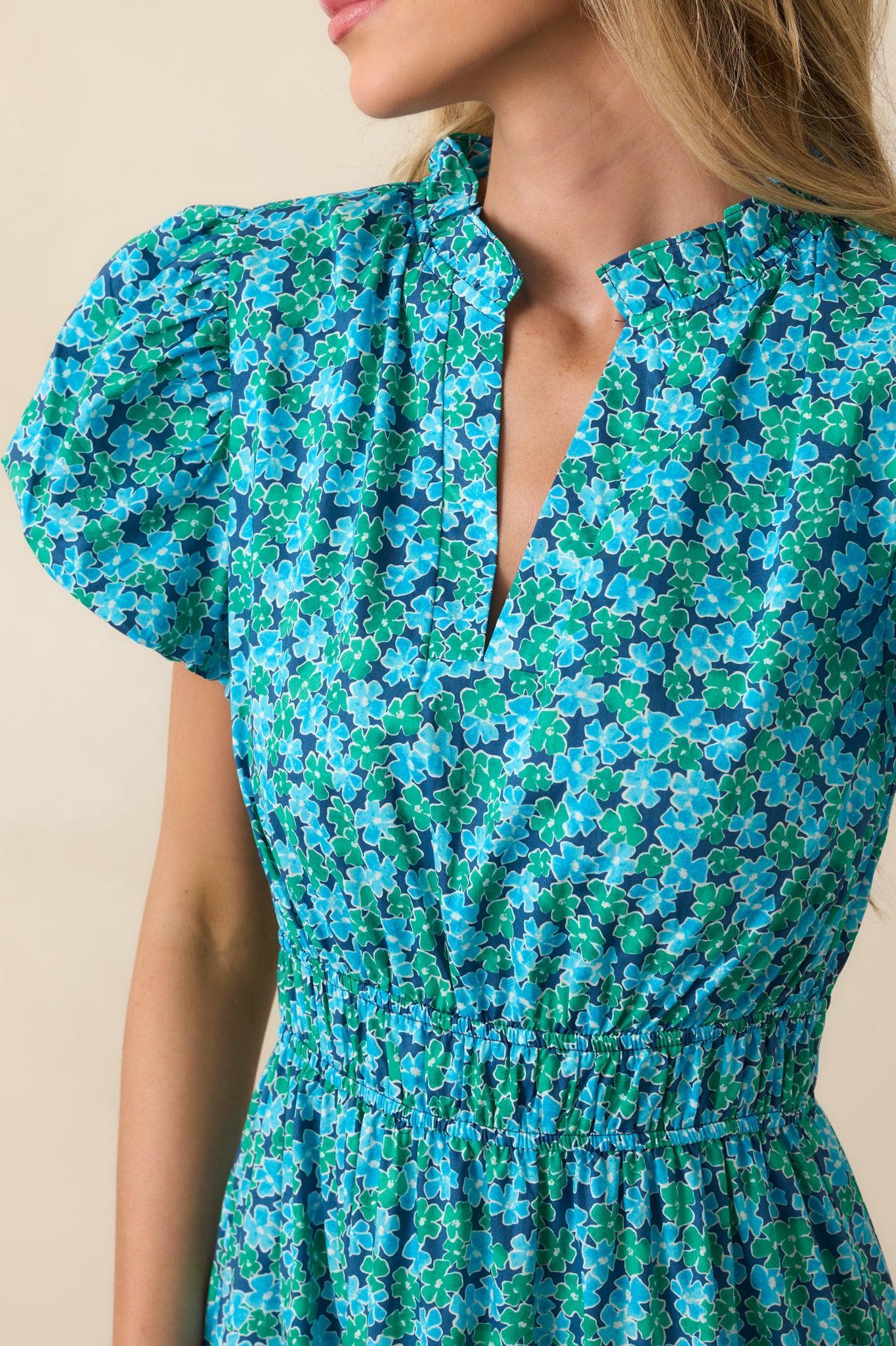 Fell For It Turquoise Floral Print Cotton Puff Sleeve Maxi Dress Product Image