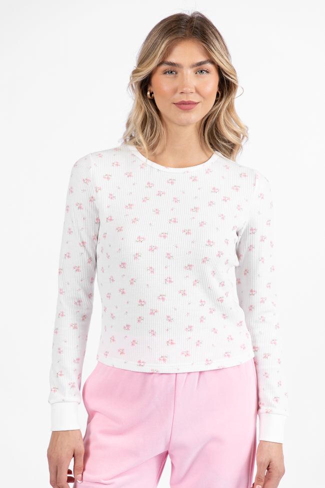 Lazy Floral Ivory and Pink Floral Print Waffle Layering Top FINAL SALE Product Image