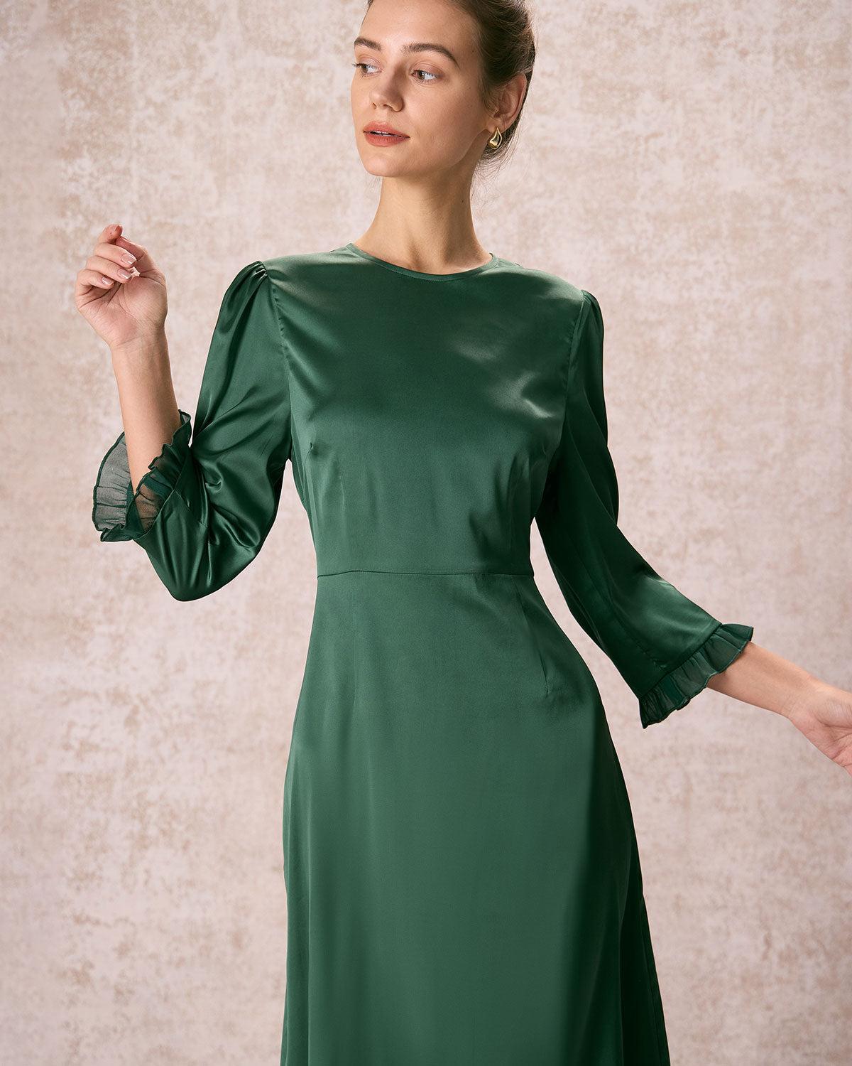 The Green Spliced Ruffle Poet Sleeve Midi Dress Product Image