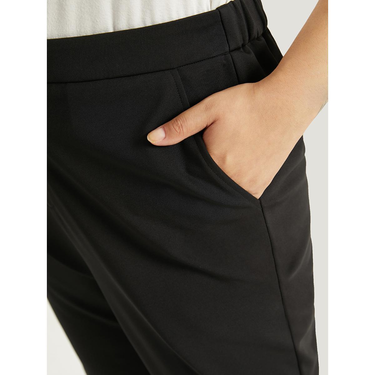 Plus Size Plain Button Detail Elastic Waist Mesh Patchwork Pants Women Black Elegant Bootcut High Rise Dailywear Pants BloomChic 10/M Product Image