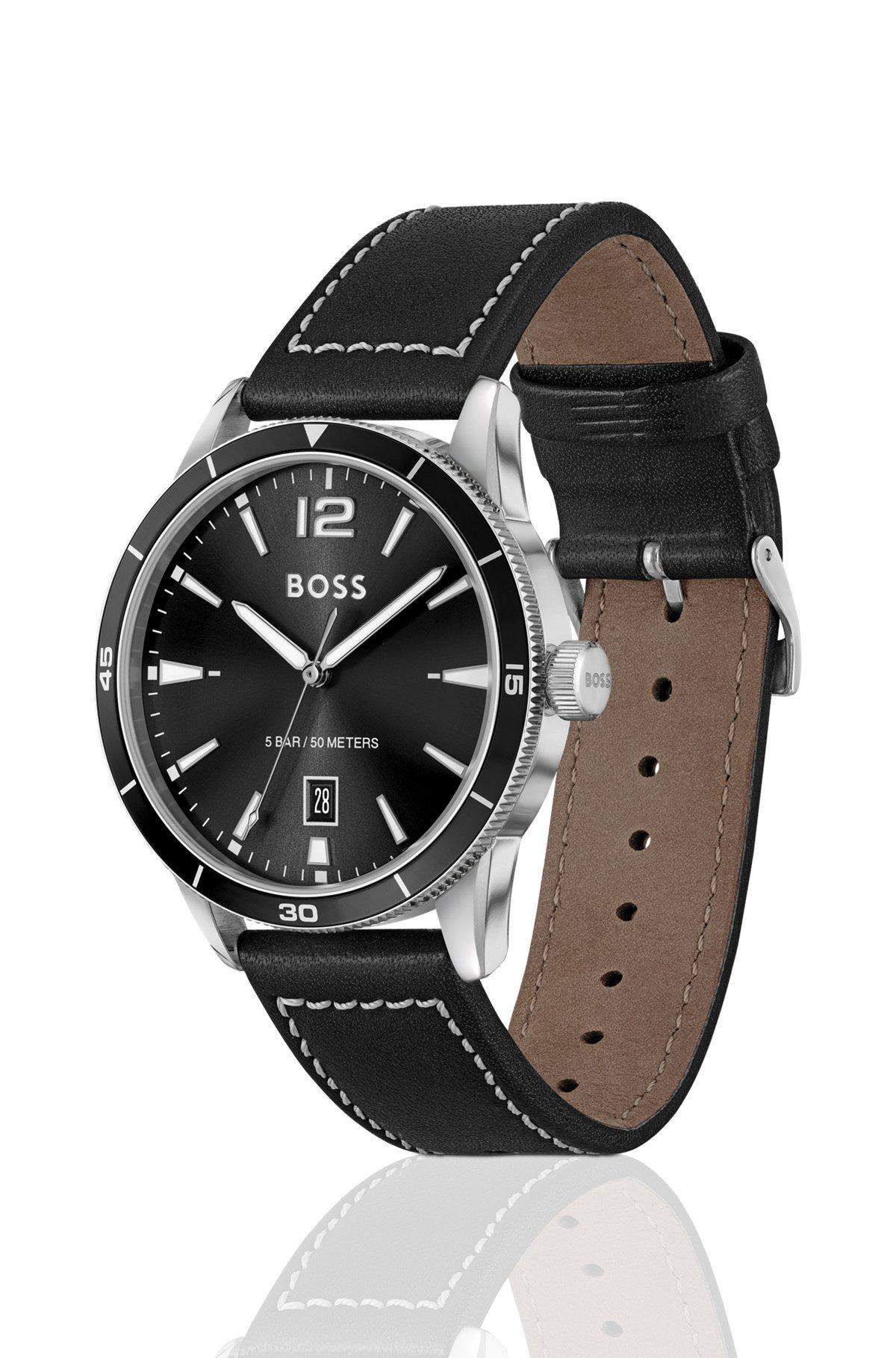BOSS - Leather-strap watch with black dial Product Image
