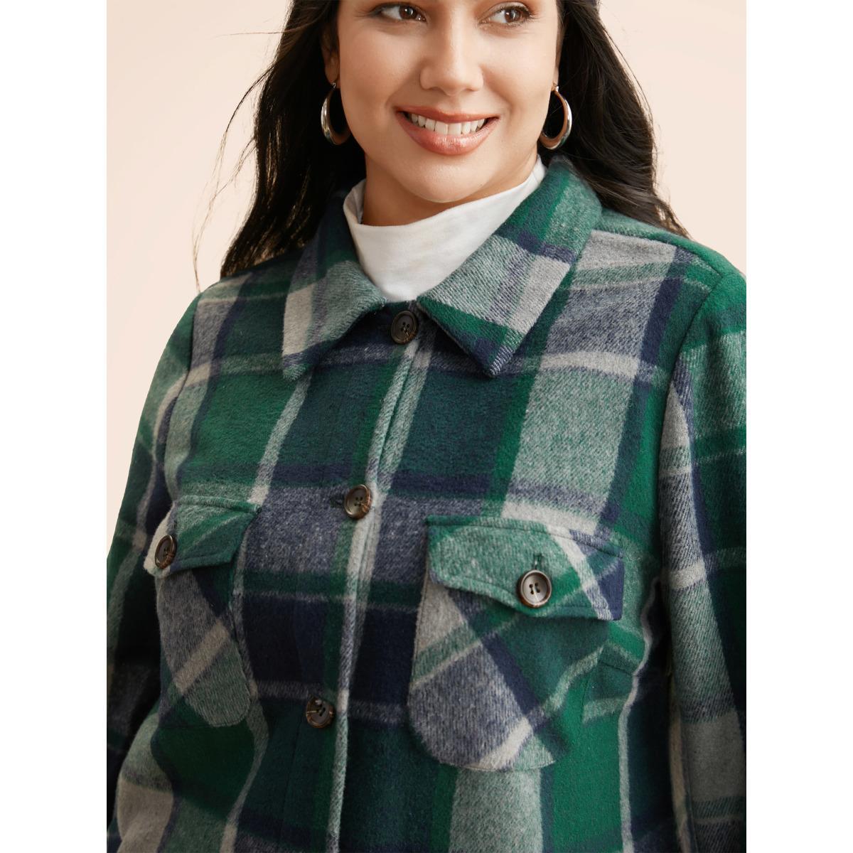 Plus Size Plaid Shirt Collar Patched Pocket Jacket Women DarkGreen Button Loose Slanted pocket Everyday Jackets BloomChic 30/6X Product Image