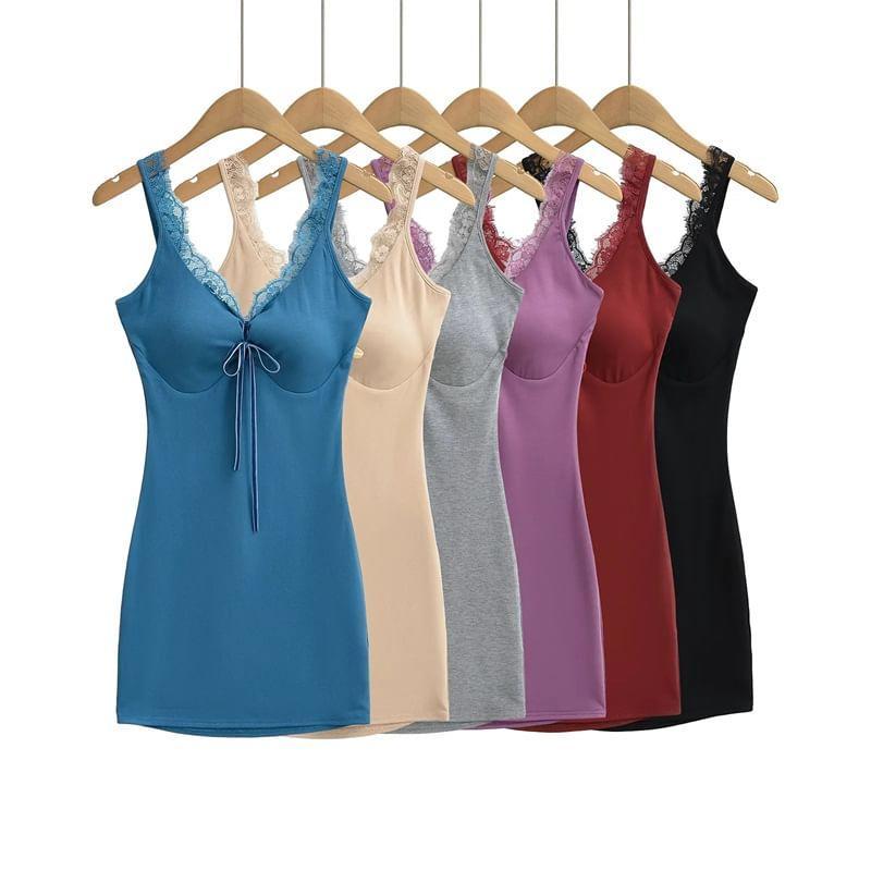 Sleeveless V-Neck Lace Trim Mini Bodycon Dress Product Image